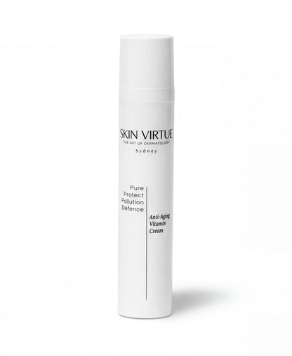 White skincare product tube with 'Skin Virtue' pure_protect_pollution_Defence branding on a white background