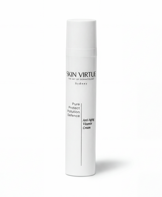 White skincare product tube with 'Skin Virtue' pure_protect_pollution_Defence branding on a white background